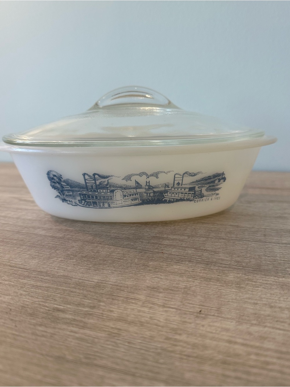 Glasbake Currier & Ives Casserole Dish Oval 1 Qt 1960s J-235 With Lid J-2275